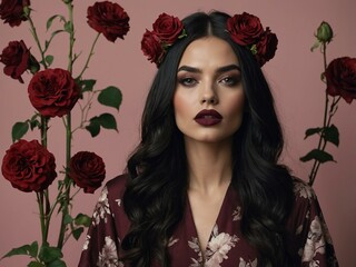 Wall Mural - A woman with dark wavy hair adorned with red roses stands against a backdrop with maroon roses, wearing a floral dress, evoking natural beauty.