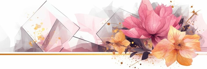 Wall Mural - Abstract geometric watercolor banner with dynamic shapes and splatters. Pink flower and leaves line arrangement or composition with white background. Modern art concept for creative design. AIG35.
