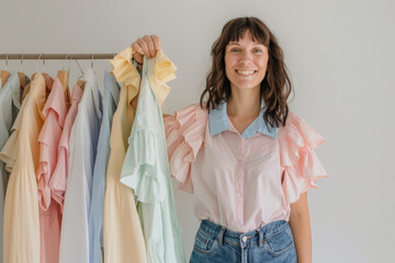 Canvas Print - A woman in jeans and a pink blouse stands near a hanger with on it, smiling at the camera