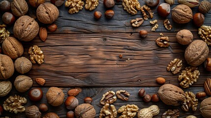 Assorted Nuts Arranged on Rustic Wooden Surface