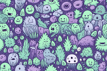 seamless doodles pattern with purple and sage green colors