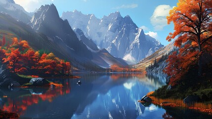 Sticker - A serene mountain lake surrounded by jagged peaks, with crystal-clear water reflecting the vibrant autumn foliage.