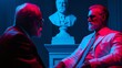 © ontsunan - Two men in a dramatic, colorful lighting setup sit facing each other, with a classical bust sculpture in the background.