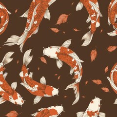 Wall Mural - Design with koi fish and leaves on a brown seamless background