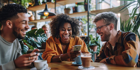 Canvas Print - Three friends were laughing and sharing photos on their smartphone while sitting at a table in a coffee shop. They were all dressed casually.