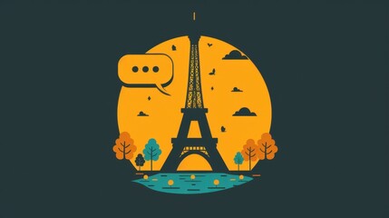 Wall Mural - A cartoonish drawing of the Eiffel Tower with two speech bubbles on either side