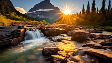 Beautiful panorama of a waterfall in Glacier National Park, Montana.