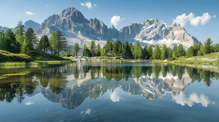 Wall Mural - A tranquil alpine lake with a perfect reflection of the surrounding peaks and trees.