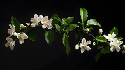 Wall Mural - Jasmine branch with blooming white flowers isolated on a black background : Generative AI