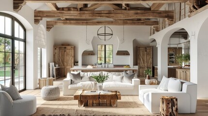 Farmhouse living room interior with wooden beams and cozy textiles AI generated