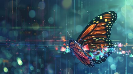 Wall Mural - Portrait of a digital butterfly flying in a cyberpunk-inspired night sky, with city lights below AI generated