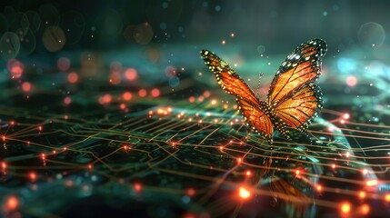 Wall Mural - Portrait of a digital butterfly flying over a network of glowing, interconnected circuits AI generated