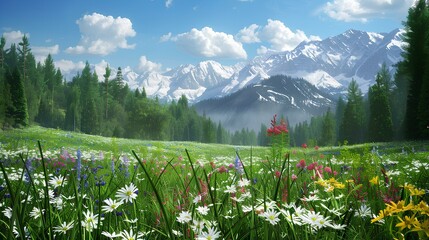 Wall Mural - A tranquil alpine meadow with wildflowers in bloom, surrounded by pine trees and snow-capped mountains.