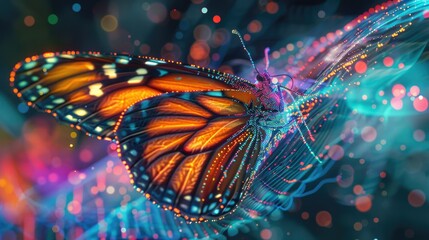 Wall Mural - Portrait of a digital butterfly flying with wings that shimmer in an array of digital patterns AI generated