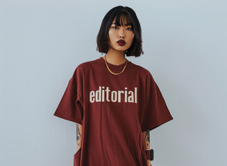 Stylish Woman in Maroon Editorial T-Shirt. Trendy woman with short hair and tattoos wearing a maroon 