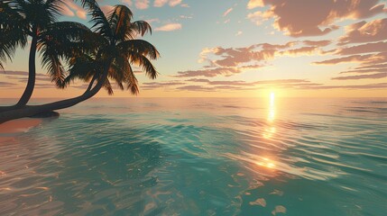Wall Mural - A tranquil beach with palm trees, crystal-clear water, and a stunning sunset on the horizon.