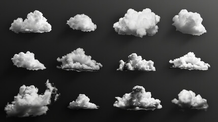 Wall Mural - Set of a different white fluffy clouds, isolated on a black background