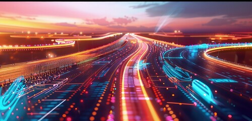 A detailed 3D rendering of a highway road set in a digital environment, with glowing pathways and holographic elements that enhance the futuristic vibe.