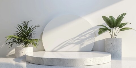 A white podium adorned with an elegant abstract design, bathed in sunlight with shadows cast, featuring striped patterns and a perspective view against a white background