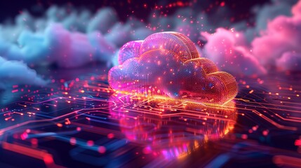 A cloud in neon colors, symbolizing cloud computing, in a futuristic isometric world
