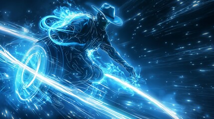 Wall Mural - A neon-lit cowboy, glowing in blue, rides a futuristic vehicle through a digital, starry landscape.