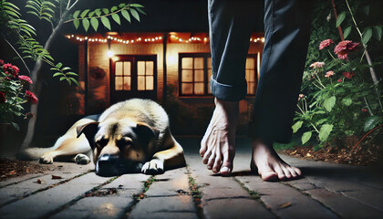 Calm sleeping dog as person with bare feet creeps past in garden at night. Let sleeping dogs lie concept