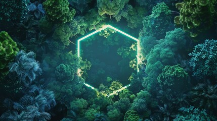 Wall Mural - A mesmerizing scene of a glowing neon hexagon shining brightly amidst the lush greenery of a dense forest