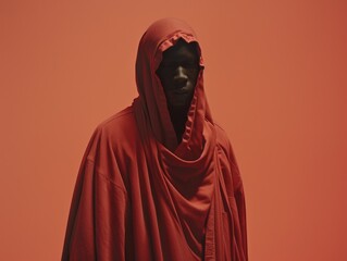 Wall Mural - Medium shot of A dark faceless figure in a scarlet robe with hoodie walks along, themed background