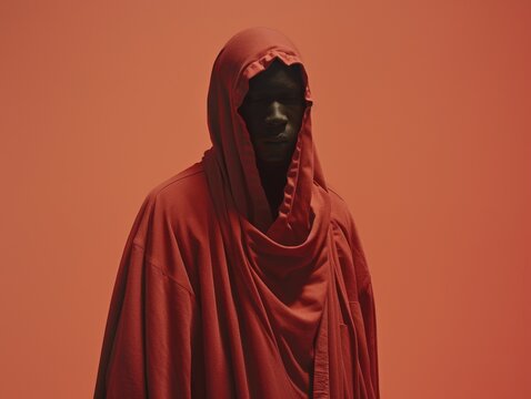Medium shot of A dark faceless figure in a scarlet robe with hoodie walks along, themed background