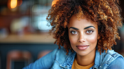 Poster - A woman with curly hair is smiling and wearing a blue jacket