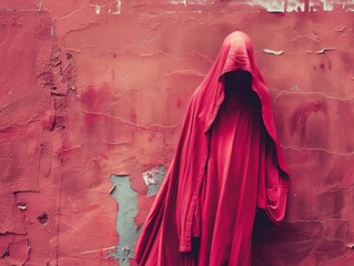 Wall Mural - Medium shot of A dark faceless figure in a scarlet robe with hoodie walks along, themed background