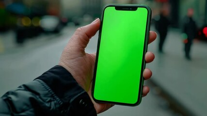 Hand hold cell phone with green screen mock up. Mobile smartphone chroma key template. Cellphone display close up. Business mockup empty blank space. Modern gadget vertical position.