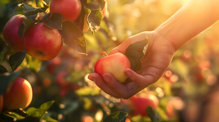 Wall Mural - Hand picking fresh red apple from a fruit tree in an orchard on a summer evening