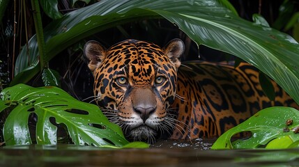 jaguar in dense rainforest, intense gaze amidst lush greenery