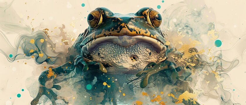 Vibrant Psychedelic Digital Illustration of a Frog with Abstract Elements in Green and Gold Tones
