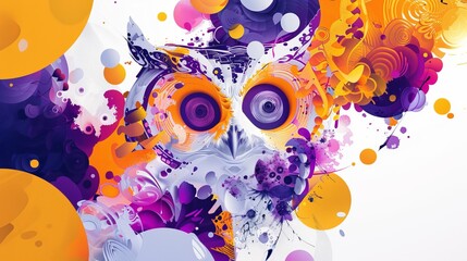 Wall Mural - Minimal and Psychedelic Digital Illustration of an Owl with Abstract Geometric and Vibrant Elements