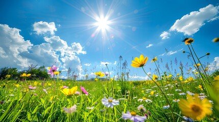 Canvas Print - A vibrant spring meadow with a variety of wildflowers in full bloom, under a bright, sunny sky.