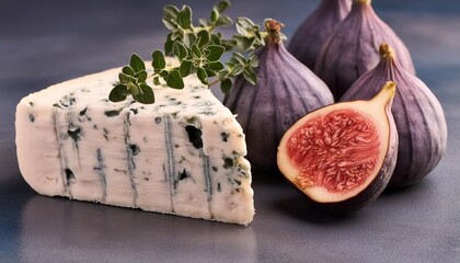 Canvas Print - slice of roquefort cheese cut figs nearby french cheese with green thyme