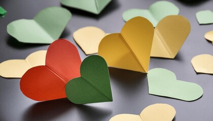 Sticker - bright paper hearts in red yellow and green colors arranged on a dark background represent joy and unity for juneteenth celebrations