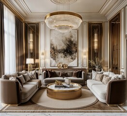 Wall Mural - Modern Living Room with Wall Painting | luxury living room with Round Sofa Setting | Stylish Living Room with a Gold Framed Chandelier 