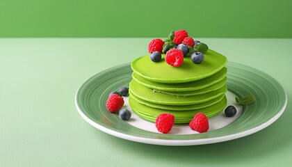 Canvas Print - colorful background with a plate featuring delicious green pancakes topped with berries perfect for a copy space image