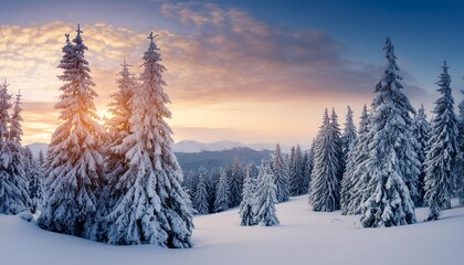 Wall Mural - pine trees covered with snow on frosty evening beautiful winter panorama