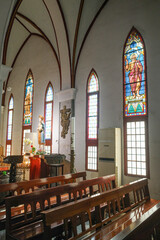 Hanoi, Vietnam - 7 Feb, 2023: Interior of the St Joseph's Cathedral, in old town Hanoi, Vietnam