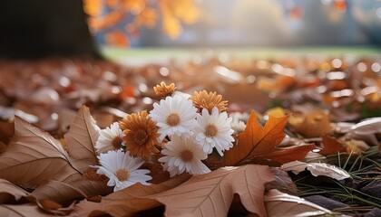 Poster - autumn leaves and flowers on ground orange and brown tone of season change foliage nature background