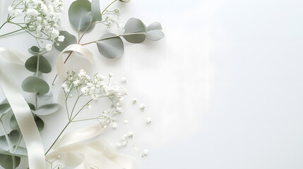 Poster - Styled stock photo Feminine wedding desktop mockup with babys breath Gypsophila flowers dry green eucalyptus leaves satin ribbon and white background Empty space Top view Picture for b : Generative AI