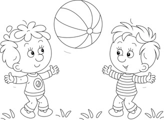 Wall Mural - Funny little boys merrily playing a big striped ball on a playground in a park, black and white vector cartoon illustration for a coloring book