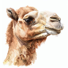 Wall Mural - A gentle camel with long eyelashes, rendered in soft watercolor shades, beautifully isolated on a pristine white background