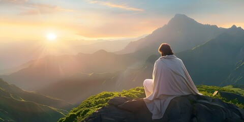 Wall Mural - Jesus teaches using parables on a mountain surrounded by nature. Concept Bible teachings, Parables, Nature scenery, Mountain backdrop, Jesus portrayal