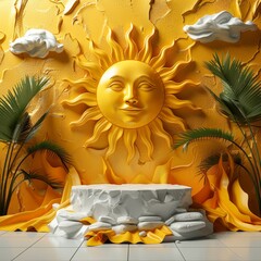 Wall Mural - White Pedestal with Yellow Sun and Clouds Background