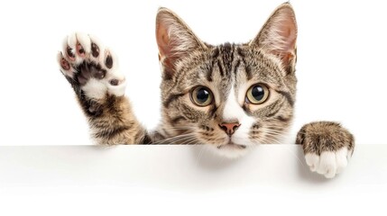 Wall Mural - Happy cat peeks out from behind a banner and waving his paw. isolated on white background